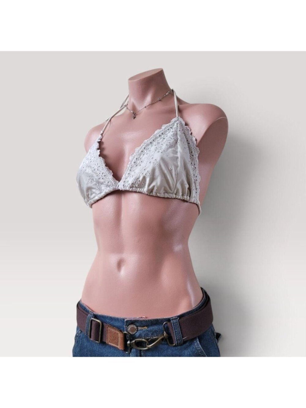 Cream Beige Crochet Lace String Tied Bikini Summer Top (One Size)